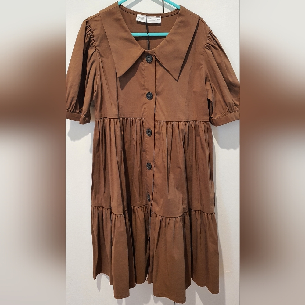 Zara Girls Brown Neutral Puff Sleeve Button Front Babydoll Dress Size 8